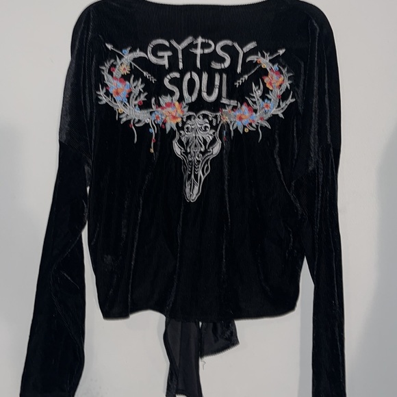 Savanna Jane NWT Gypsy Soul Black Velvet Embroidered V Neck Tie Front Crop Top L - Picture 1 of 9